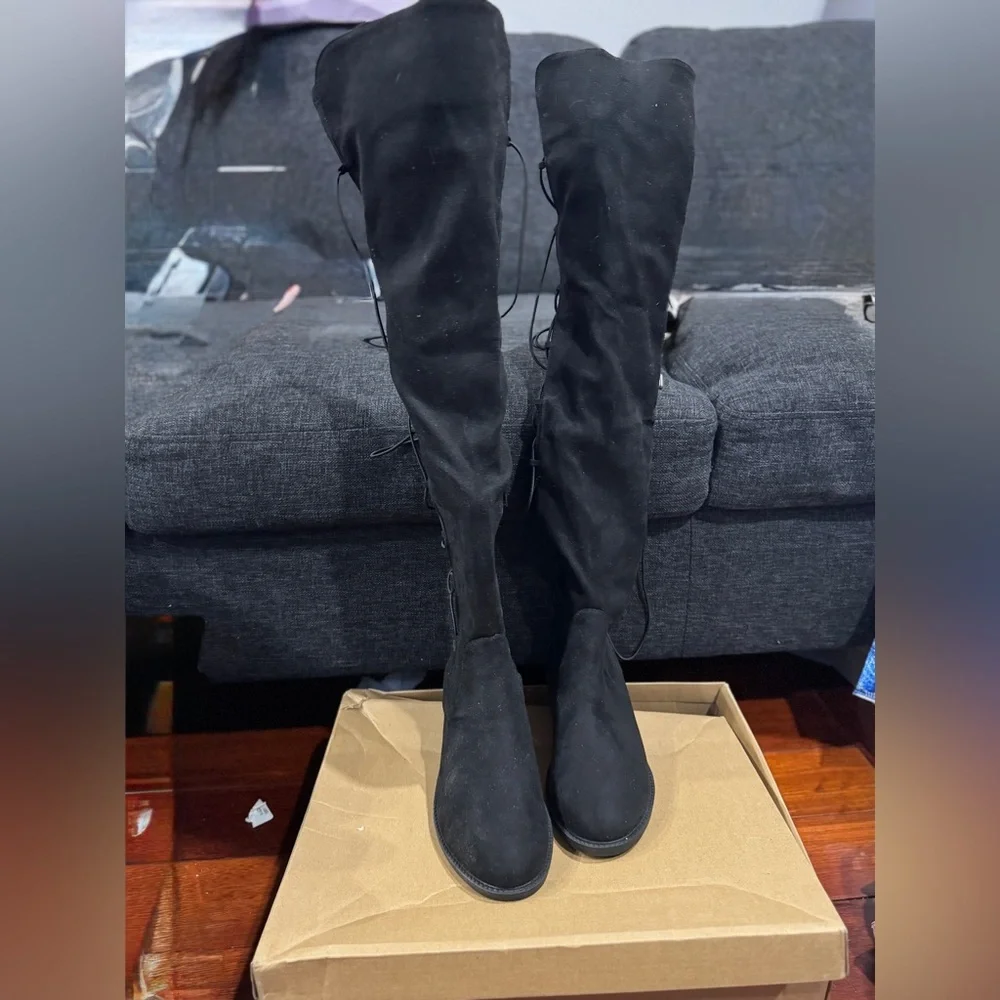 Fashion Nova Ramona Flat Black over the knee Boots Size 7.5